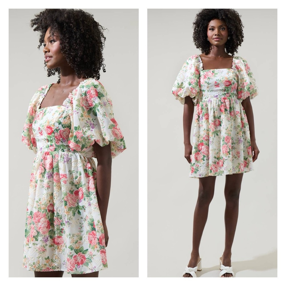 Peony Floral Eyelet Sonora Bubble Sleeve Babydoll Dress by Sugarlips